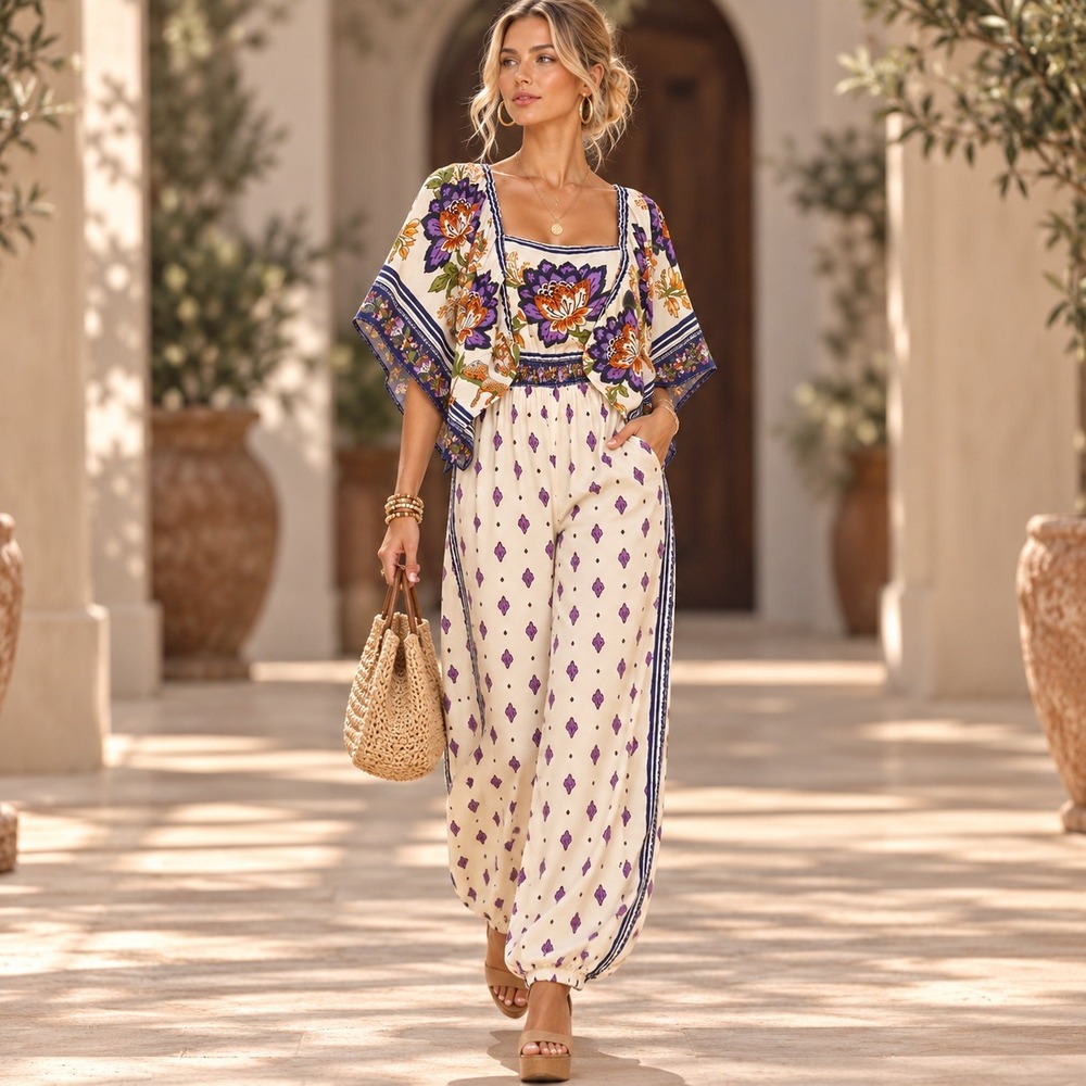 Farm Rio Floral Geometric Print Kimono Sleeve Smocked Harem Jumpsuit Cream Small